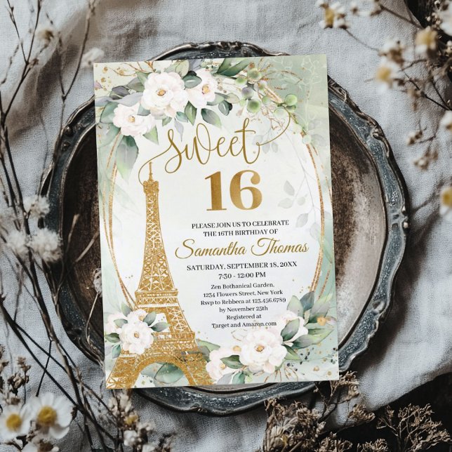 Invitation Tour Eiffel roses blanches verdure or ovale (Paris Eiffel tower white roses greenery gold oval Invitation)