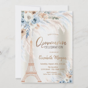 Invitation Tour Eiffel Roses bleues Herbe de Pampas Quinceane