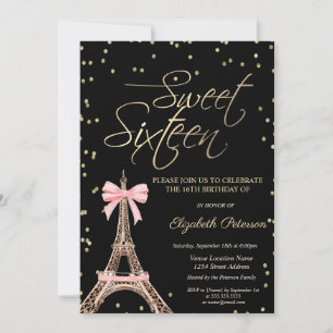 Invitation Tour Eiffel Ruban Or Diamants Noir Sweet 16