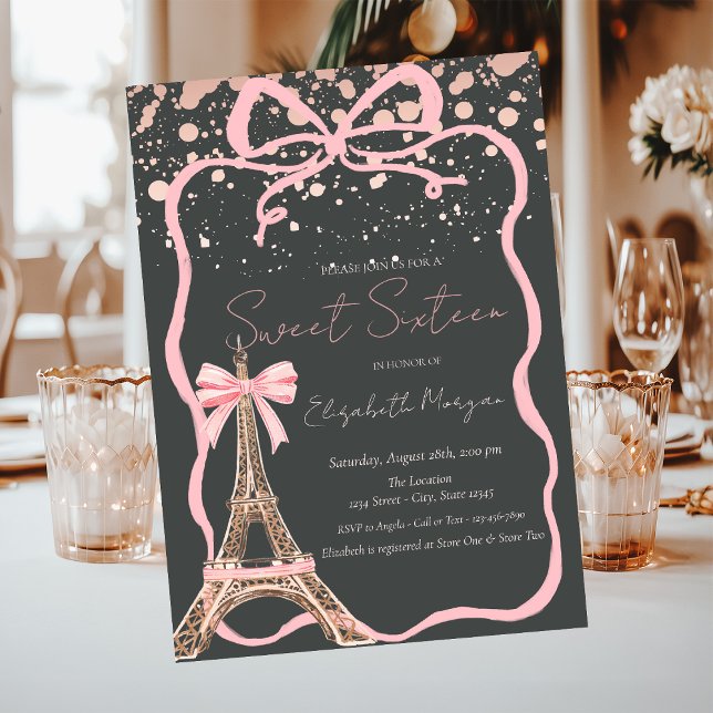 Invitation Tour Eiffel Ruban Rose Points Gris Sweet 16 (Créateur téléchargé)