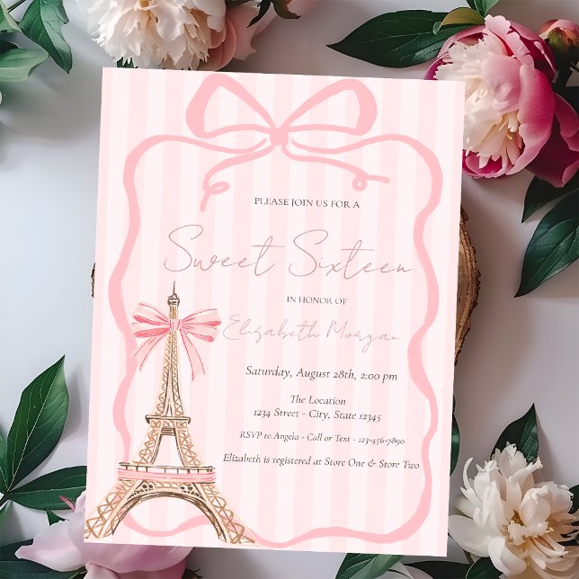 Invitation Tour Eiffel Ruban Rose Rayures Roses Sweet 16 (Créateur téléchargé)