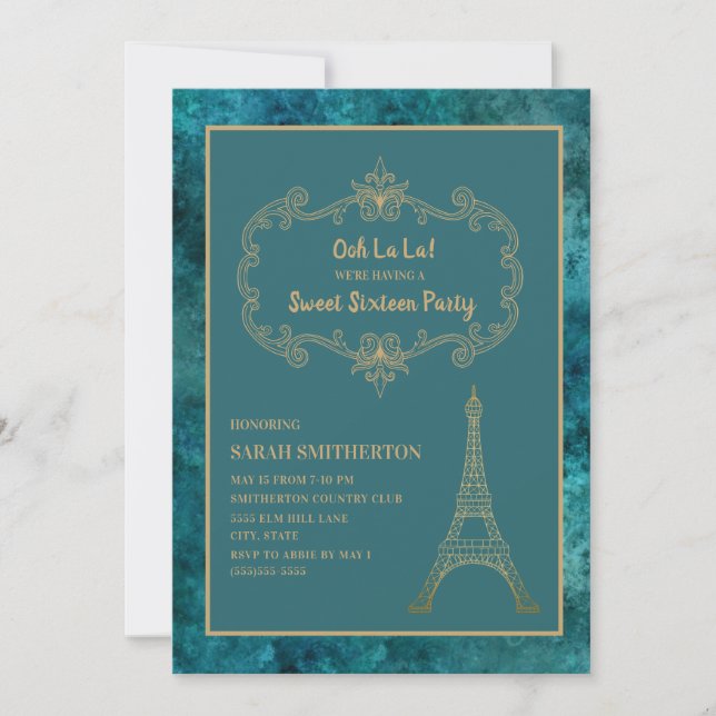 Invitation Tour Eiffel sarcelle et or élégante Sweet 16 (Devant)