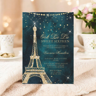 Invitation Tour Eiffel sarcelle or paillettes scintillement S