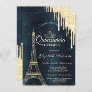 Invitation Tour Eiffel, Tiara, Déchets bleu foncé Quinceañera