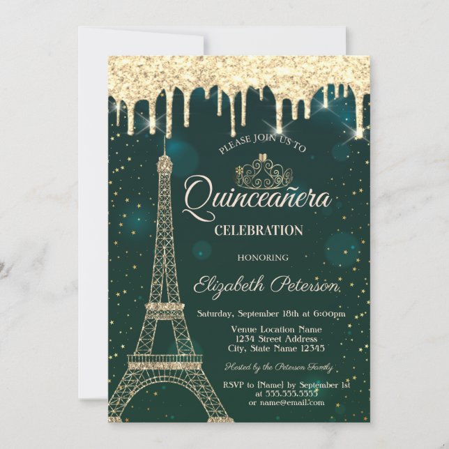 Invitation Tour Eiffel, Tiara, Dérivées Vertes Quinceañera (Devant)