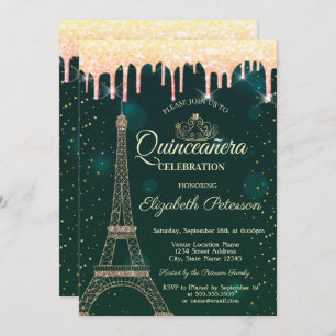 Invitation Tour Eiffel, Tiara, Dérivées Vertes Quinceañera