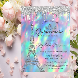 Invitation Tour Eiffel, Tiara, Drives Holographique Quinceañe