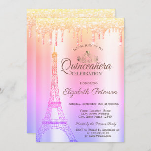 Invitation Tour Eiffel, Tiara, Drives Ombre Quinceañera