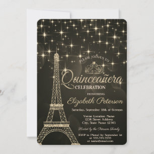 Invitation Tour Eiffel, Tiara, Etoiles Gris Quinceañera