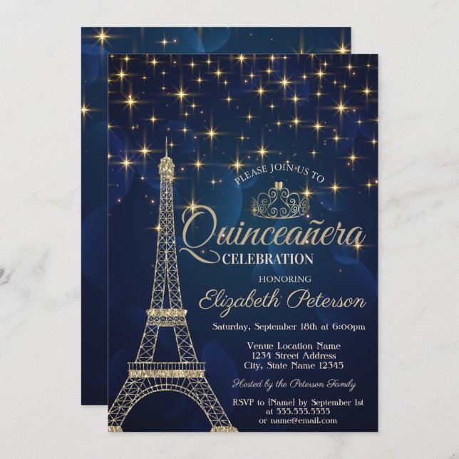 Invitation Tour Eiffel, Tiara, Etoiles Marine Blue Quinceañer (Devant / Derrière)