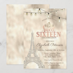 Invitation Tour Eiffel, Tiara Gold Lights Sweet 16