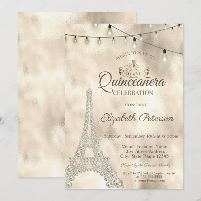 Invitation Tour Eiffel, Tiara Gold Quinceañera (Devant / Derrière)
