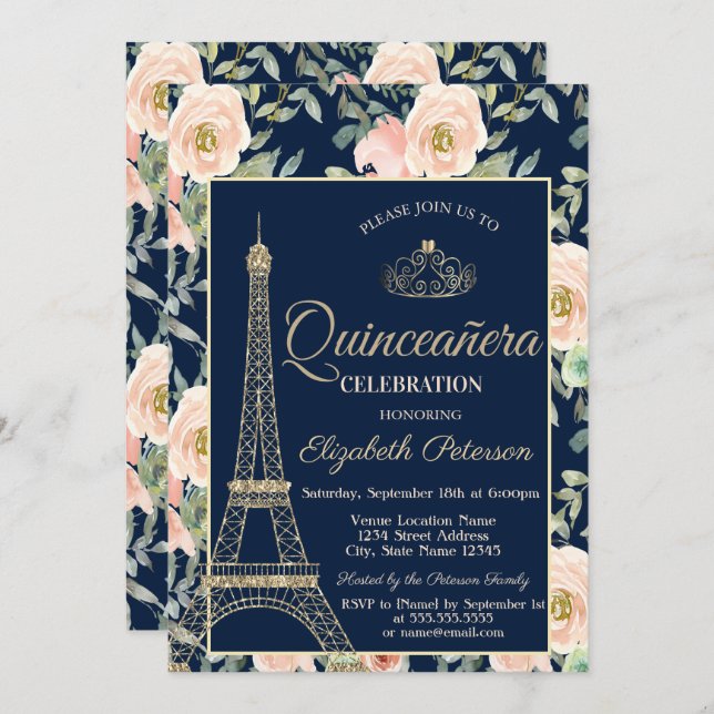 Invitation Tour Eiffel, Tiara, Marine Rose Blue Quinceañera (Devant / Derrière)