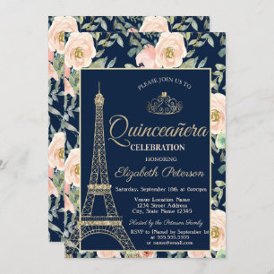 Invitation Tour Eiffel, Tiara, Marine Rose Blue Quinceañera