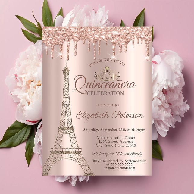 Invitation Tour Eiffel, Tiara, Rose  Gold Quinceañera Inv (Créateur téléchargé)