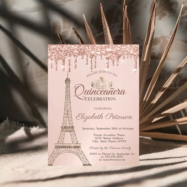 Invitation Tour Eiffel, Tiara, Rose Vernis d'or Quinceañera (Créateur téléchargé)