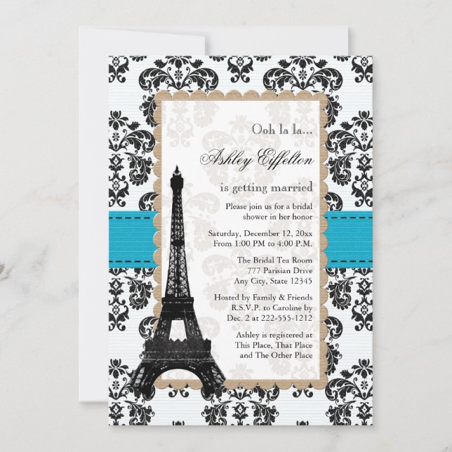 Invitation Tour Eiffel Turquoise Fête de l'mariée parisienne (Devant)