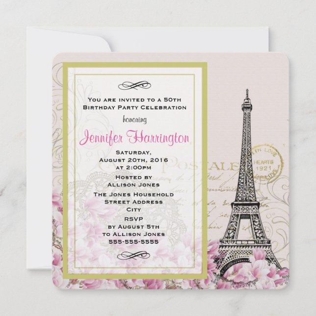 Invitation Tour Eiffel vintage avec fleurs roses Anniversaire (Devant)