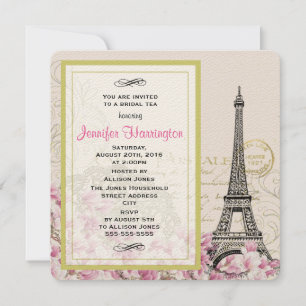 Invitation Tour Eiffel vintage avec Thé nuptial aux fleurs ro