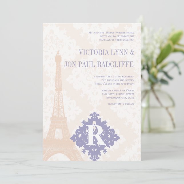 Invitation Tour Eiffel Vintage Damask Argent Peony Lavender (Debout devant)