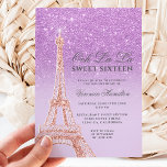 Invitation Tour Eiffel violet parties scintillant lavande dou<br><div class="desc">Un sweet sixteen moderne,  chic et glamour avec une parties scintillant en or rose dessinée à la main thème Paris Tour Eiffel avec parties scintillant violette,  ombre dégradé scintille sur un arrière - plan de lavande violet pastel éditable.</div>