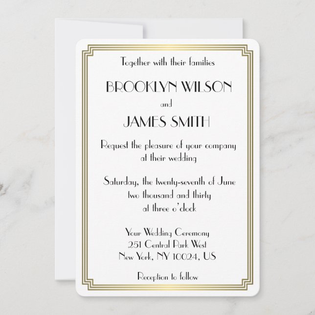 Invitation Tour Great Gatsby Art Déco Mariage blanc Invite (Devant)