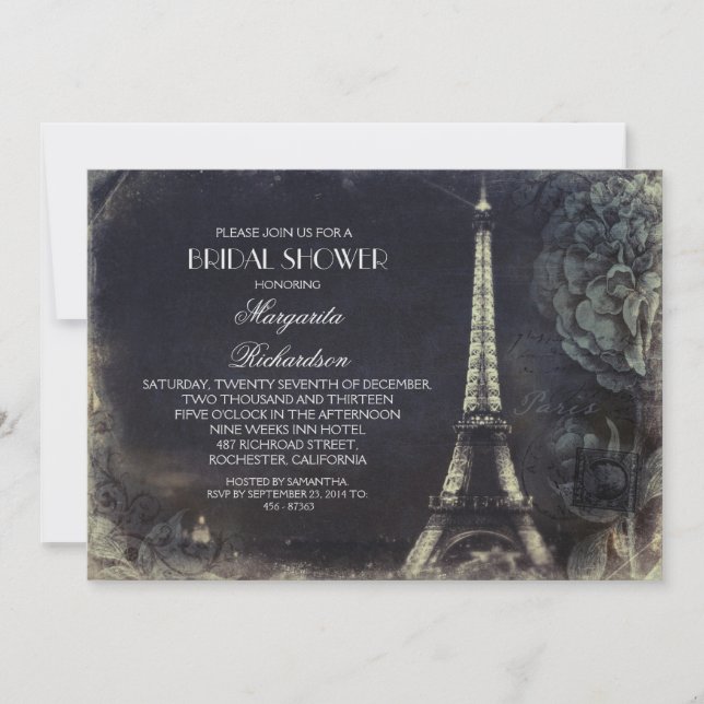 Invitation Tour Paris Eiffel Douche vintage nuptiale (Devant)