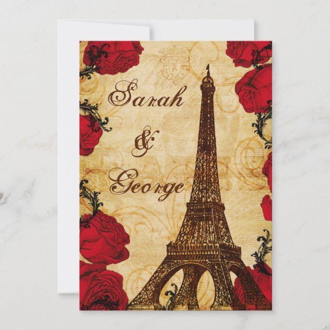Invitation tour vintage rouge eiffel Paris mariage invite (Devant)