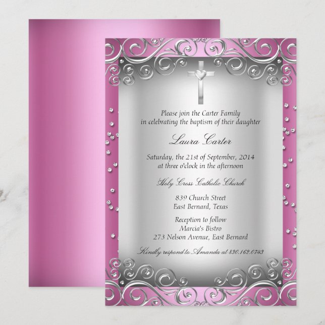 Invitation Tourbillon Argent Rose & Croix Baptême (Devant / Derrière)