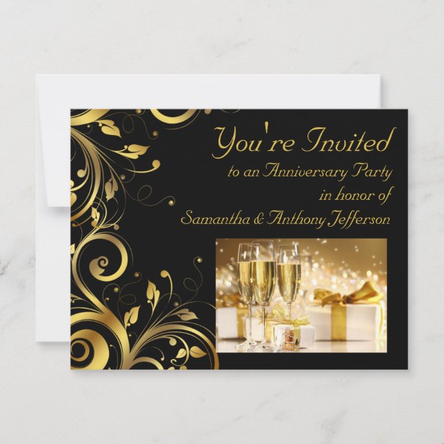 Invitation Tourbillon Noir et Or, Fête d'Anniversaire sur Mes (Devant)