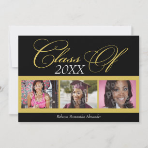 Invitation Tourbillonnant Black/Gold 3 Photo Graduation Faire