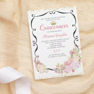 Invitation Tourbillonnant cadre noir rose Floral Quinceanera