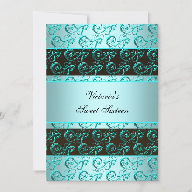 Invitation Tourbillons Bleu Turquoise Joliment Seize Ans (Devant)