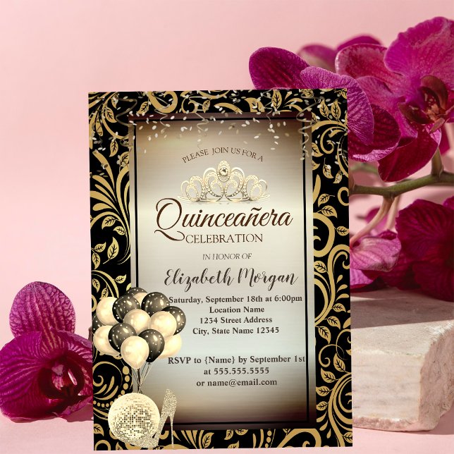 Invitation Tourbillons dorés, Ballons, Talons hauts, Diadème  (Créateur téléchargé)