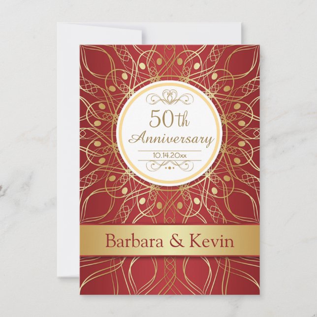 Invitation Tourbillons dorés pour le 50e anniversaire rouge (Devant)