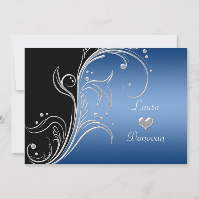 Invitation Tourbillons Floraux Argent Bleu Noir Réception Uni (Devant)