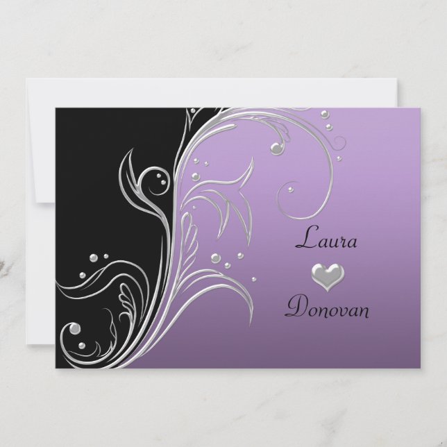 Invitation Tourbillons Floraux Argent Noir Lavande Réception  (Devant)