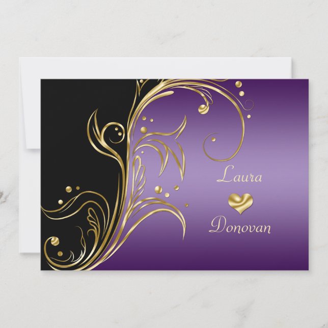 Invitation Tourbillons Floraux Or Noir Violet Réception Uniqu (Devant)