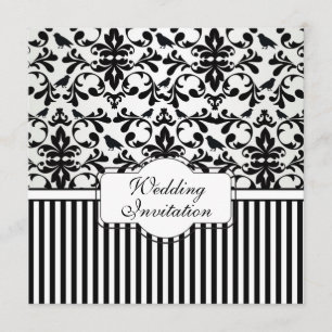 Invitation Tourbillons noirs blancs, oiseaux, rayures Mariage