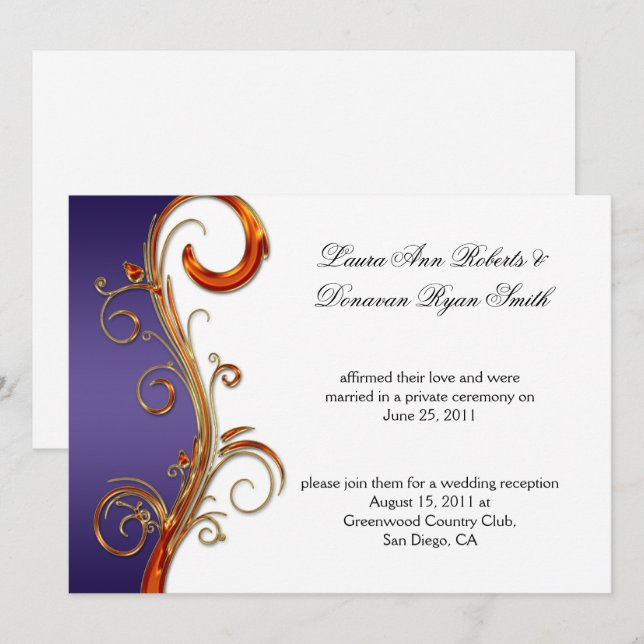 Invitation Tourbillons Ornés Violet Orange & Or (Devant / Derrière)