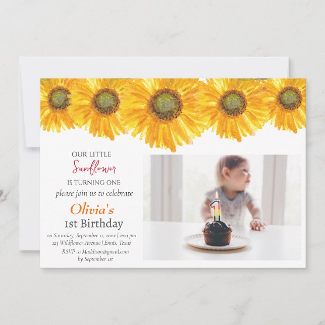 Invitation Tournesol 1er anniversaire fille photo florale (Devant)
