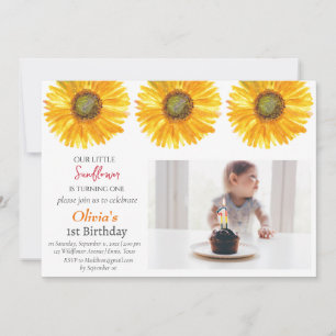 Invitation Tournesol 1er anniversaire fille photo florale