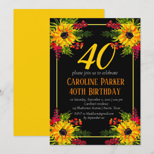 Invitation Tournesol 40e anniversaire Jaune Floral Adulte