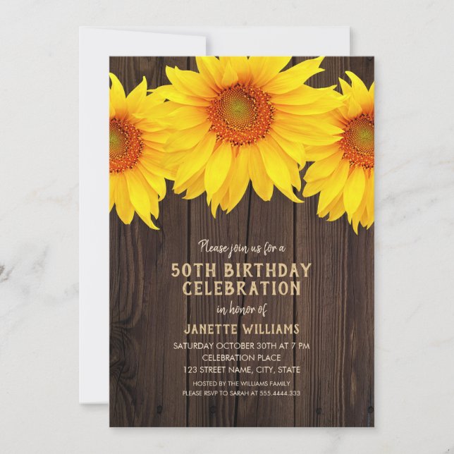 Invitation Tournesol 50e anniversaire de la fête Rustic Wood (Devant)