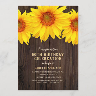 Invitation Tournesol 60e anniversaire de la fête Rustic Wood