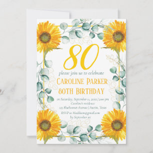 Invitation Tournesol 80e anniversaire Eucalyptus jaune floral