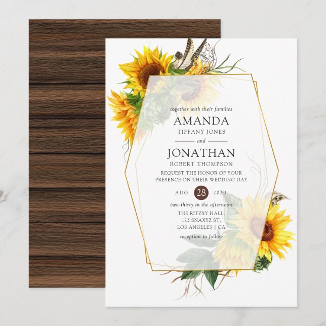 Invitation Tournesol à l'aquarelle Mariage Géométrique Rustiq (Devant / Derrière)