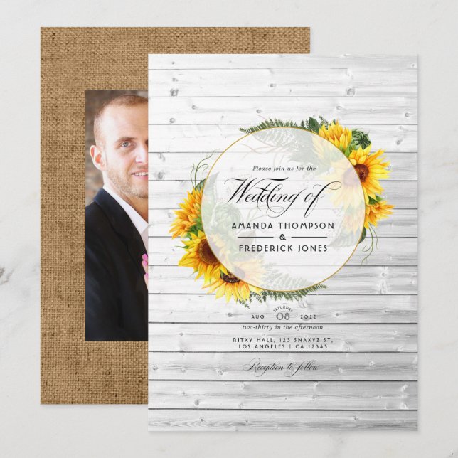 Invitation Tournesol à l'aquarelle Mariage rustique de grange (Devant / Derrière)
