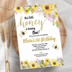 Invitation Tournesol abeille bourdonnante jaune rose 1er anni