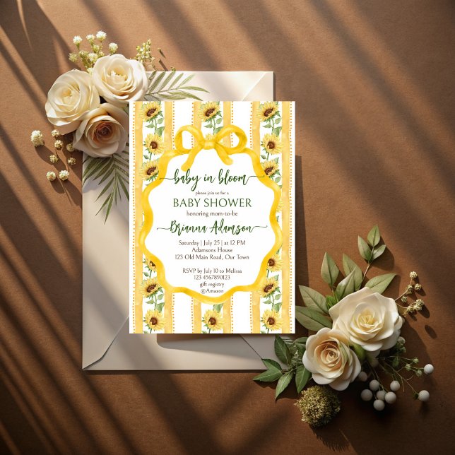 Invitation Tournesol bébé en fleurs baby shower modèle (Sunflowers baby in bloom retro stripes wavy bow border baby shower invitation cards template)
